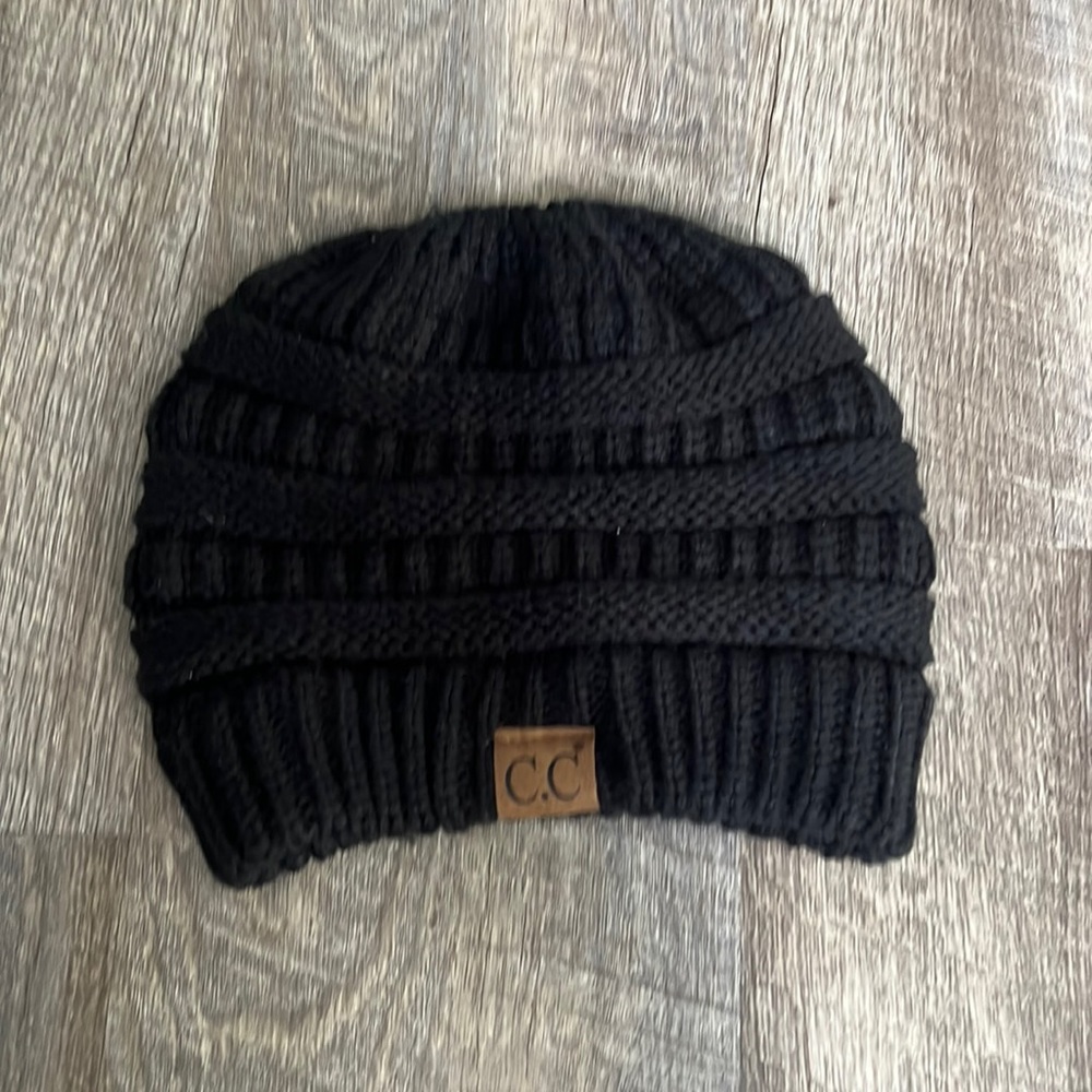 C.C. Black Winter beanie with ponytail holder - never worn